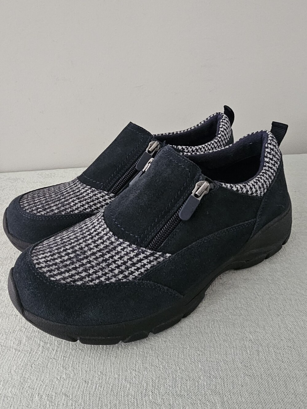 LANDS END All Weather Womens Insulated Suede & Houndstooth Zip Moc Shoes